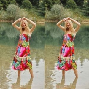 Farm Rio Anthropologie Palila Fringed Beaded Tassel Midi Dress